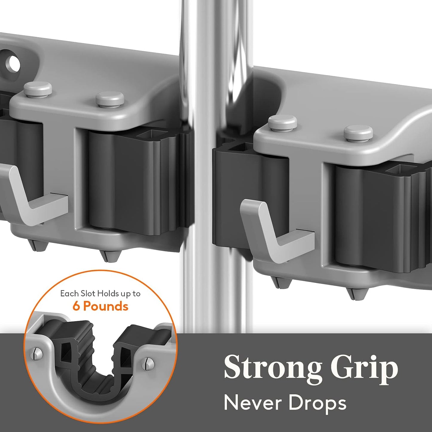 Lifewit Mop and Broom Holder Wall Mount, Anti-Slip Broom Hanger for Cleaning Supplies Organizer, Easy Install Tool Hanging Rack for Closet, Kitchen, Garage, 5 Slot 6 Hooks, Hold 30lbs, Black, 1 Pack