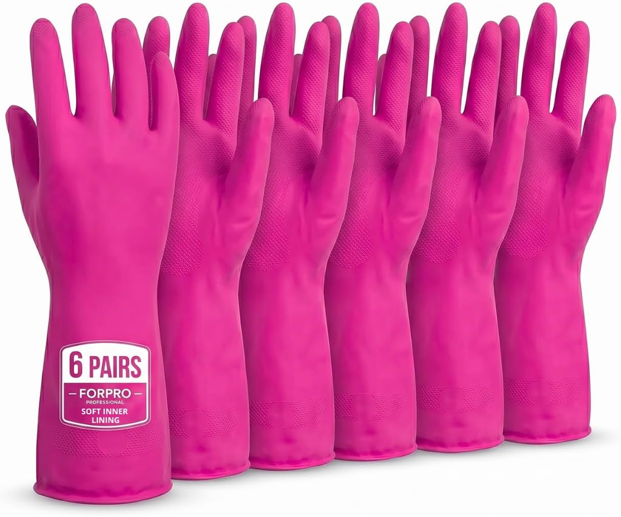 ForPro Natural Rubber Gloves, 6 Pairs Reusable Multi-Purpose Household Cleaning Gloves with Soft Inner Lining, Waterproof & Chemical-Resistant, Wild Cherry, Small