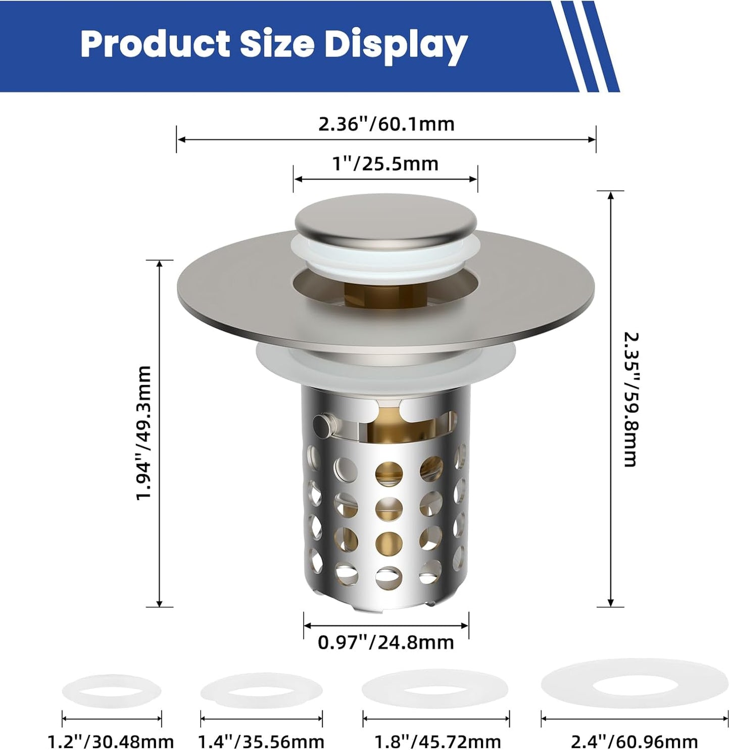 Universal Bathroom Sink Drain Strainer Hair Catcher, Brushed Nickel | Upgraded with Removable Stainless Steel Filter Basket, 3 in 1 Pop Up Sink Stopper for 1.1''~2.36'' Sink Basin Hole