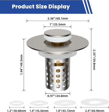 Universal Bathroom Sink Drain Strainer Hair Catcher, Brushed Nickel | Upgraded with Removable Stainless Steel Filter Basket, 3 in 1 Pop Up Sink Stopper for 1.1''~2.36'' Sink Basin Hole