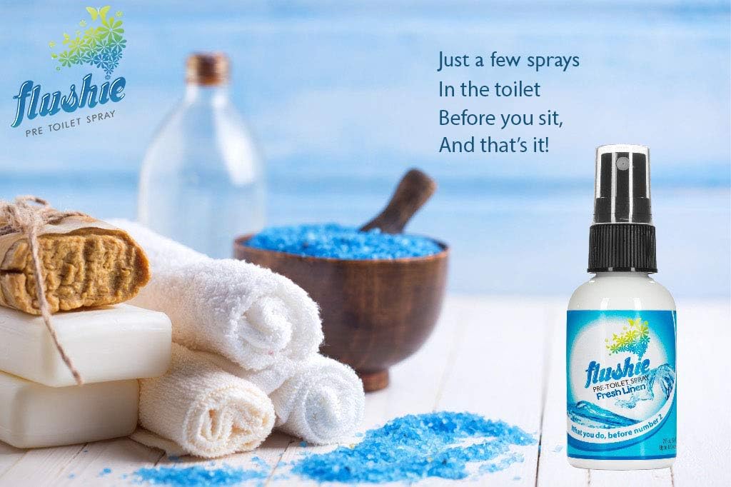 Flushie Pre-Toilet Spray Travel Size Toiletries Bathroom Spray for Toilet Deodorizer Traveling Essentials - Poop Odor Eliminator (Linen, 1oz 3pack)
