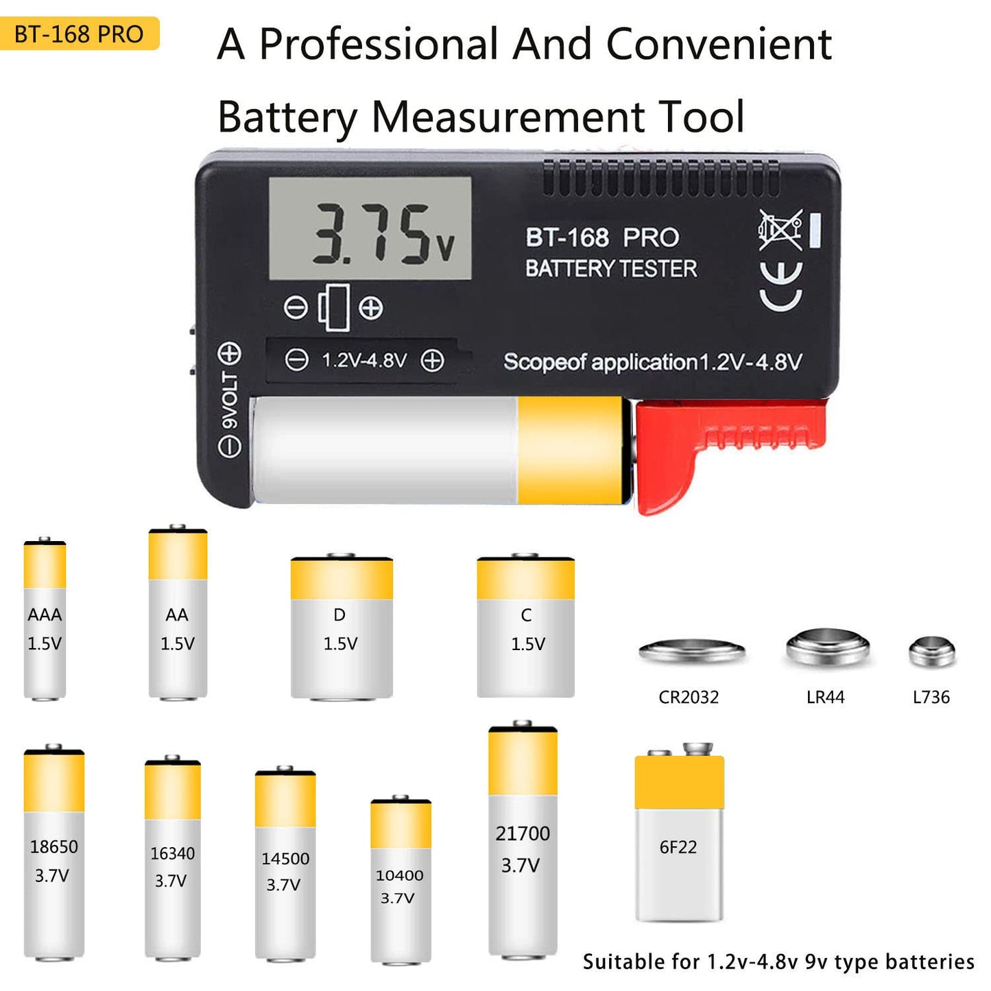 2PCS Battery Tester Checker Digital LCD Universal Battery Tester Monitor for AA AAA C D 9V 1.5V 1.2~4.8V Batteries Household Battery Testers Power Meter