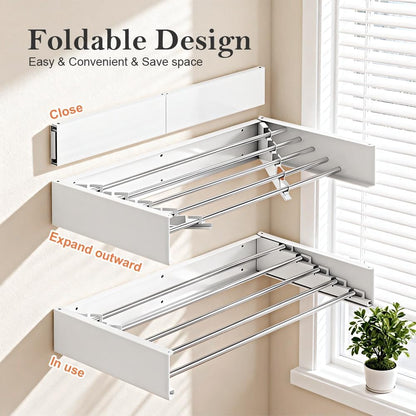 Foldable Wall Mounted Clothes Drying Rack 32’’, Retractable Laundry Room Drying Rack Clothing, Hidden Space Saver with Wall Template, 5 Rods, White