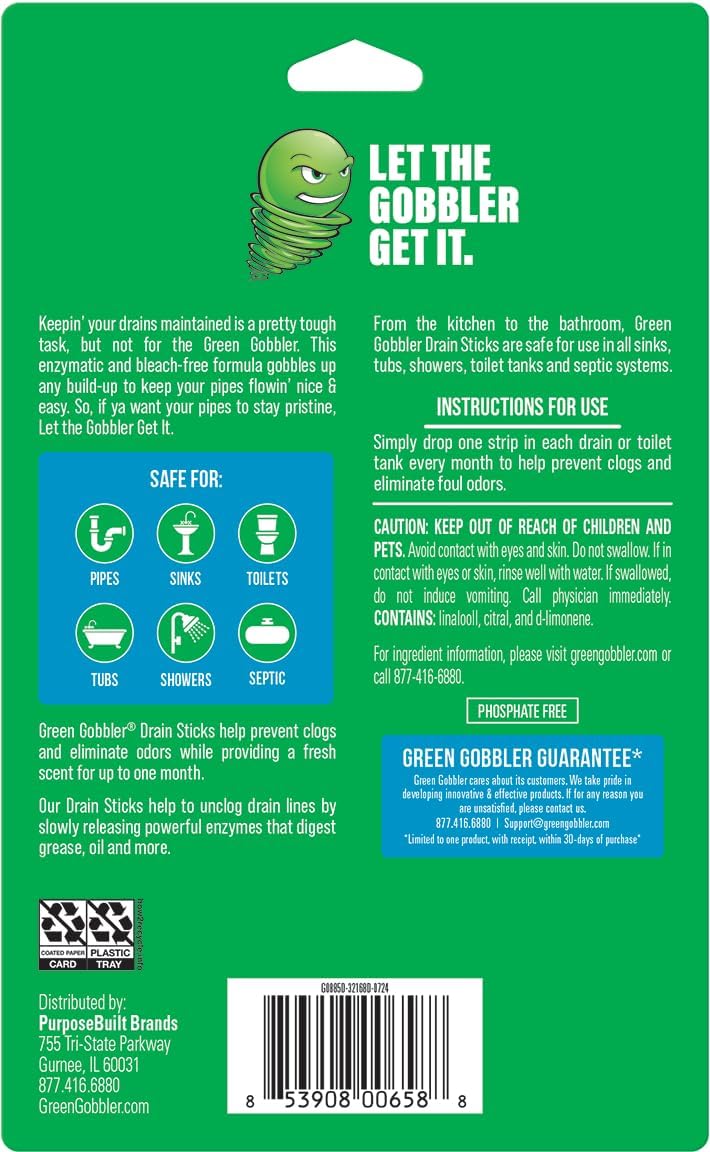 Green Gobbler Drain Cleaner and Deodorizer Sticks with Enzymes - Maintain a Clean Drain, Safe for Pipes and Septic Tanks, Use Monthly - 12 Pack