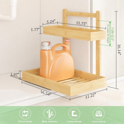Under Sink Organizer - 2-Tier Pull Out Cabinet Organizer Vertical Slide Out Sink Shelf Storage Shelves for Multi-Purpose Bath Kitchen Bathroom Medicine (Nature, 2 Packs)