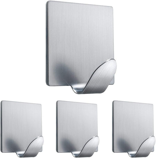 Heavy Duty Adhesive Hooks Stick on Hooks Stainless Steel Waterproof Wall Hooks Hangers for Hanging Robe, Coat, Towel, Keys, Bags, Lights, Calendars -Home Kitchen Bathroom 4-Pack