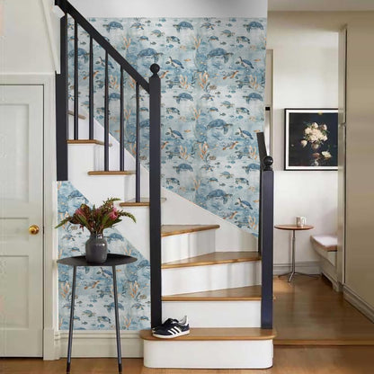 MuralPeel Dark Blue/Yellow Leaf Floral Peel and Stick Wallpaper Vintage Easy Peel Off Self Adhesive Removable Stick on Wall Paper for Kitchen Cabinet Renter Friendly