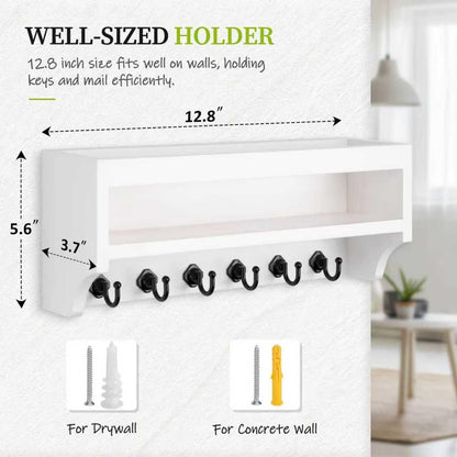 Nekon Key Holder Wall Mount, 12.8" W x 5.6" H x 3.7" D Wall Mounted Key and Mail Organizer with 6 Key Hooks, Key Racks for Home Entryway Decor (White)