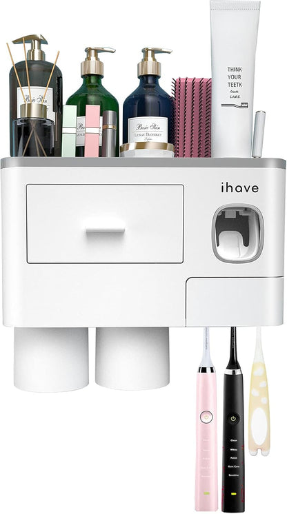 iHave Toothbrush Holders for Bathrooms, 2 Cups Toothbrush Holder Wall Mounted with Toothpaste Dispenser - Large Capacity Tray, Cosmetic Drawer - Tooth Brushing Holder & Bathroom Accessories