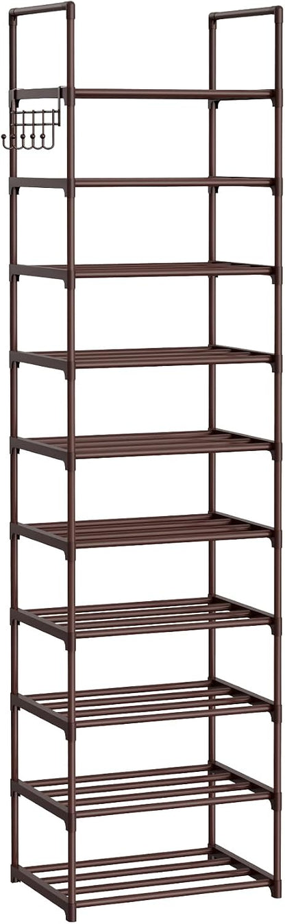 Narrow Shoe Rack 10 Tiers Tall Shoe Rack for Entryway Closet 20 24 Pairs Shoe & Boots Organizer Storage Shelf Durable Black Metal Stackable Shoe Cabinet with Hooks, 17.1D x 11.8W x 78.7H in
