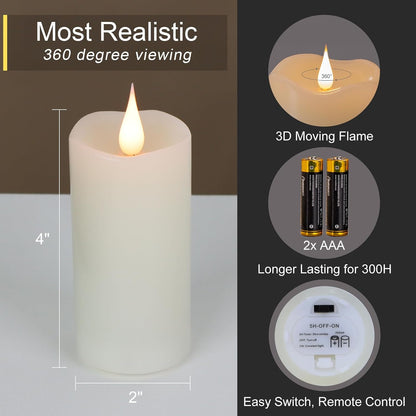 TECHLONG Flameless Candles with Remote Timer, 3D Moving Flickering Flame Battery Operated Candles Lasting 1000+ Hours, 3" x 5" Ivory Real Wax Electric LED Pillar Candles, Set of 2