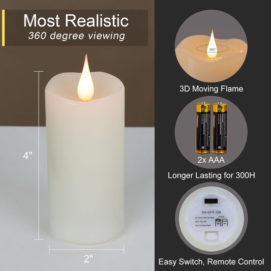 TECHLONG Flameless Candles with Remote Timer, 3D Moving Flickering Flame Battery Operated Candles Lasting 1000+ Hours, 3" x 5" Ivory Real Wax Electric LED Pillar Candles, Set of 2