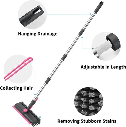 Floor Scrub Brush with Long Handle, 3 in 1 Scrape and Heavy-Duty Stiff Bristle Scrubber Brush Broom for Cleaning Shower Bathroom, Patio, Pool, Garage, Kitchen, Wall and Deck (White, 1 Pack)