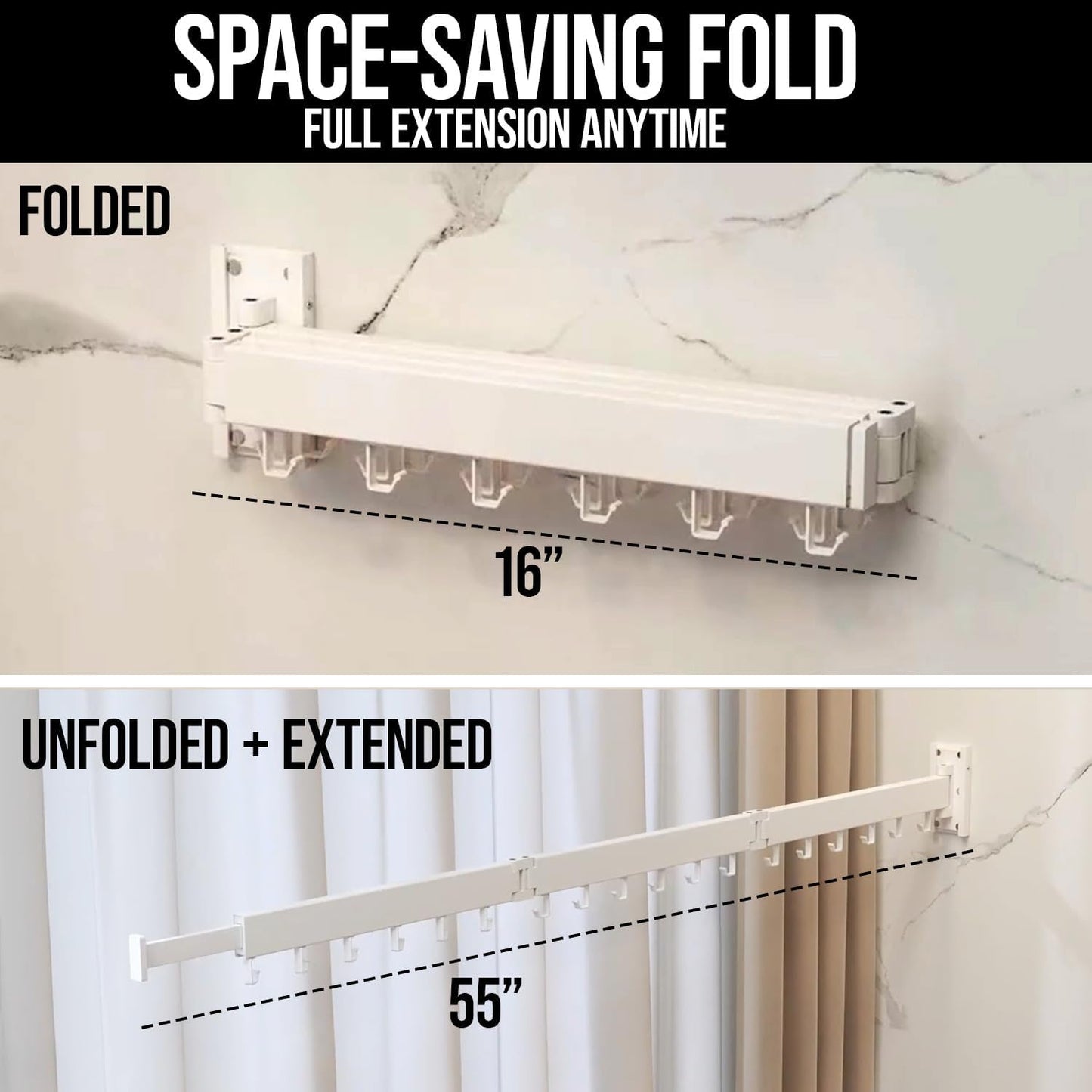 Foldable Wall Mounted Clothes Drying Rack for Laundry, White | 180° swivel, 220 lb hold, aircraft aluminum, retractable, space-saving, indoor outdoor, hanger dryer, balcony bathroom