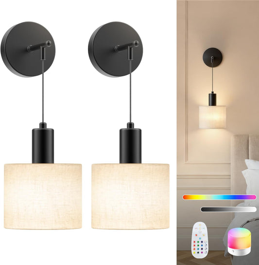 SAIMAND Battery Operated Wall Sconce Set of 2, Wireless Rechargeable Wall Lights with Remote Control, 9 Colors Dimmable LED Lamps, Modern Cordless Sconces for Bedroom Living Room Hallway(Gold)