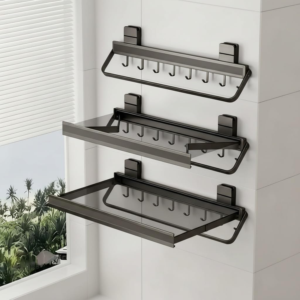 Indoor Clothes Drying Rack Foldable,Wall Mounted Retractable | with Foldable Towel Bar,6 Movable Hooks and Underwear Drying Net