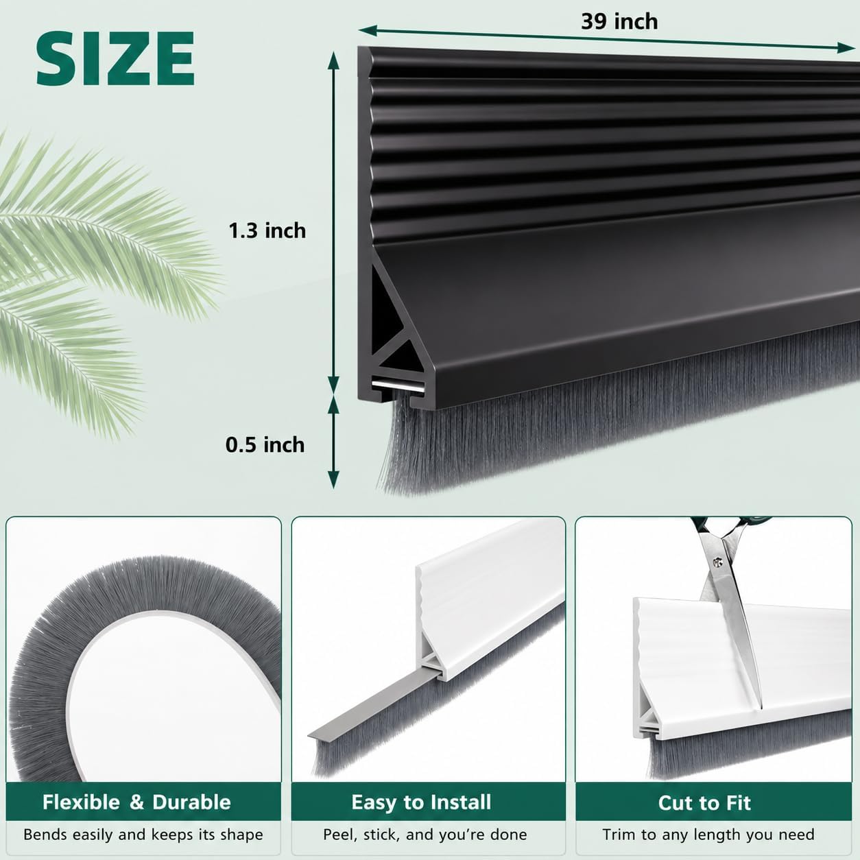 Door Draft Stopper with Brush, 39" Door Sweep for Bottom of Door, Self Adhesive Weather Stripping for Bottom of Door, Under Door Seal Dust/Noise/Hot or Cold Air Insulation, Black, 1 Pack