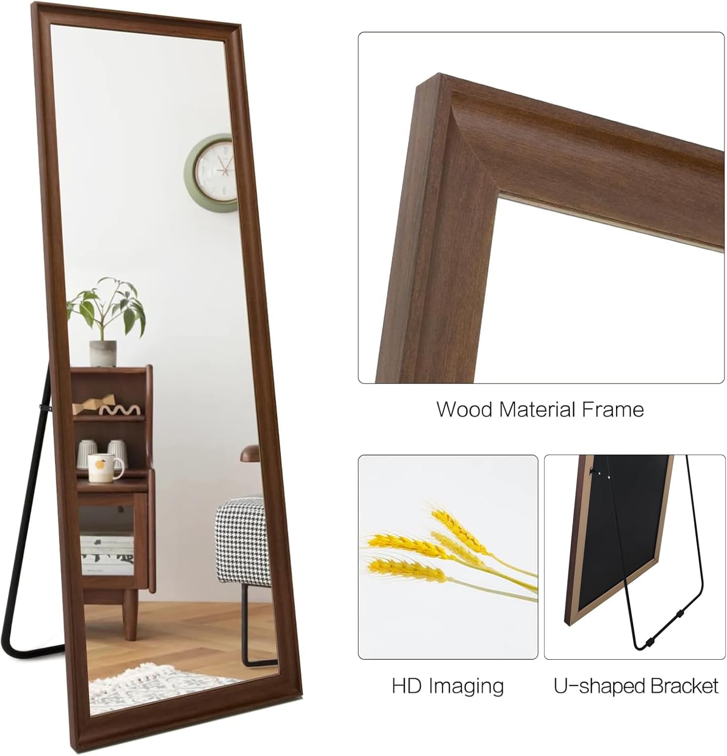 Full Length Mirror Wood Frame, 65x22in Floor Mirror Wall Full Body Mirror with Standing, Leaning Hanging for Bedroom,Living Room, Large Wooden Frame, Walnut