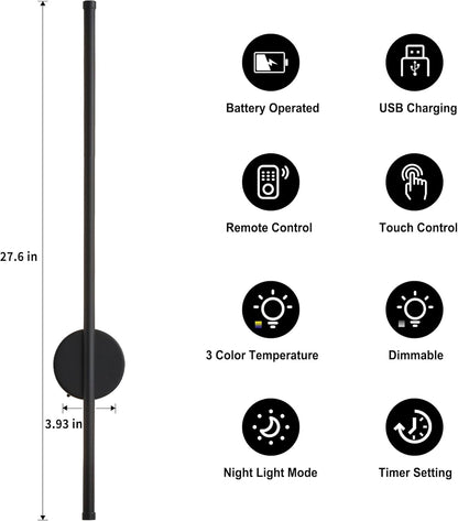 Battery Operated Modern Wall Sconces, Dimmable Wireless Wall Light Set of Two with Remote Control, 3 Color Temperatures, Rechargeable LED Wall Sconce for Bedroom, Living Room, Hallway, 23.6 Inch Brass