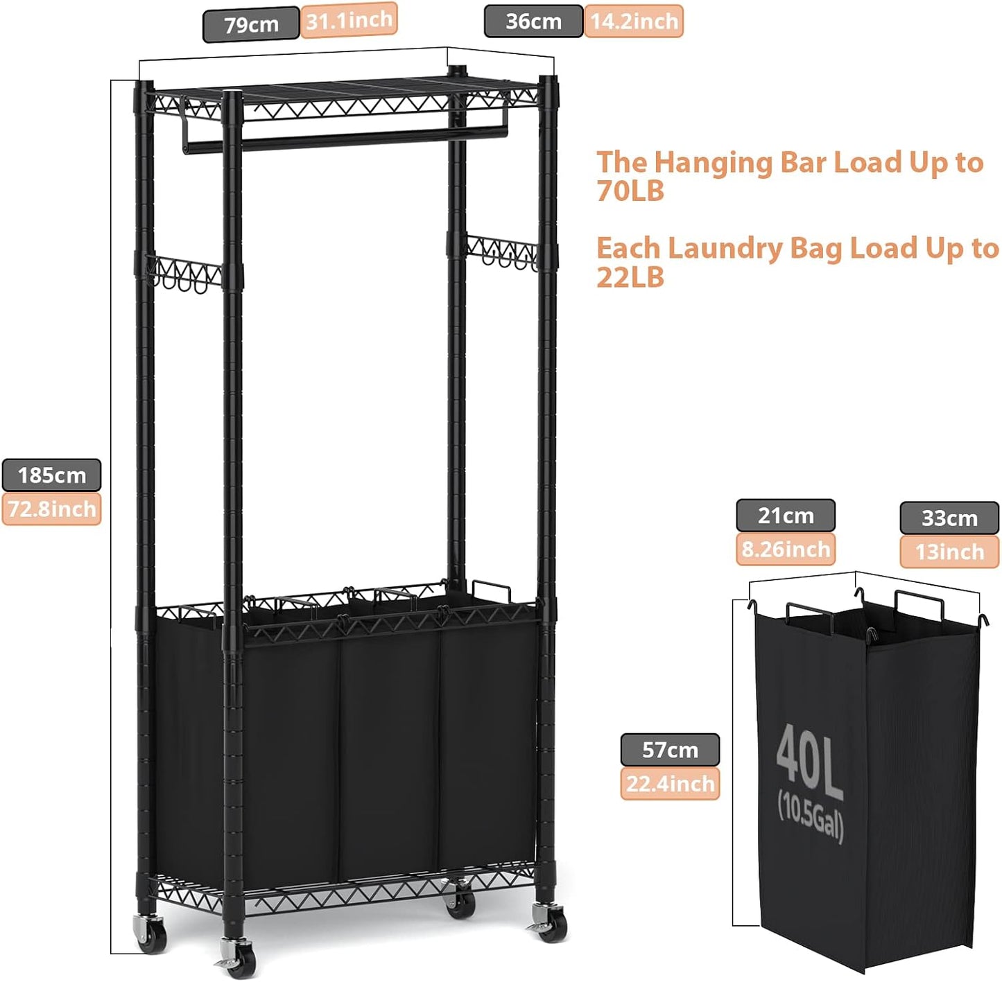 Hodonas Rolling Laundry Basket Organizer with Wheels and Hanging Bar, Laundry Hamper Cart Laundry Sorter 3 Section, Dirty Clothes Hampers for Laundry Bedroom Bathroom w/ 3 Removable Bags, Black