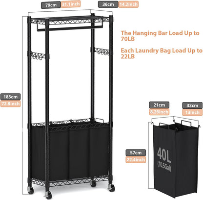 Hodonas Rolling Laundry Basket Organizer with Wheels and Hanging Bar, Laundry Hamper Cart Laundry Sorter 3 Section, Dirty Clothes Hampers for Laundry Bedroom Bathroom w/ 3 Removable Bags, Black