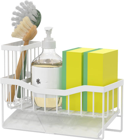 Maifan Sink Caddy Sponge Holder for Kitchen with Brush Holder and Stainless Steel Self Drain Tray, Rustproof Kitchen Sink Organizer for Sponge, Soap Dispenser Storage Accessories (Lacquer Silver)