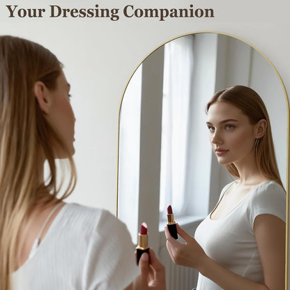 HARRITPURE 64"x21" Arched Full Length Mirror Free Standing Leaning Hanging Mounted Mirror Aluminum Frame Modern Simple Home Decor for Living Room Bedroom Cloakroom, Gold