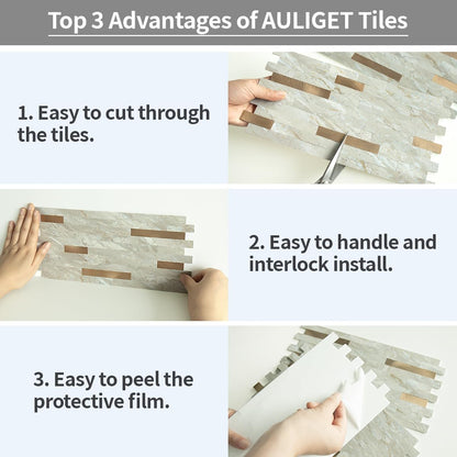 AULIGET 20 Sheets Peel and Stick Backsplash, Black & Grey Wood Look PVC Mixed Metal Stick on Backsplash Tiles for Kitchen