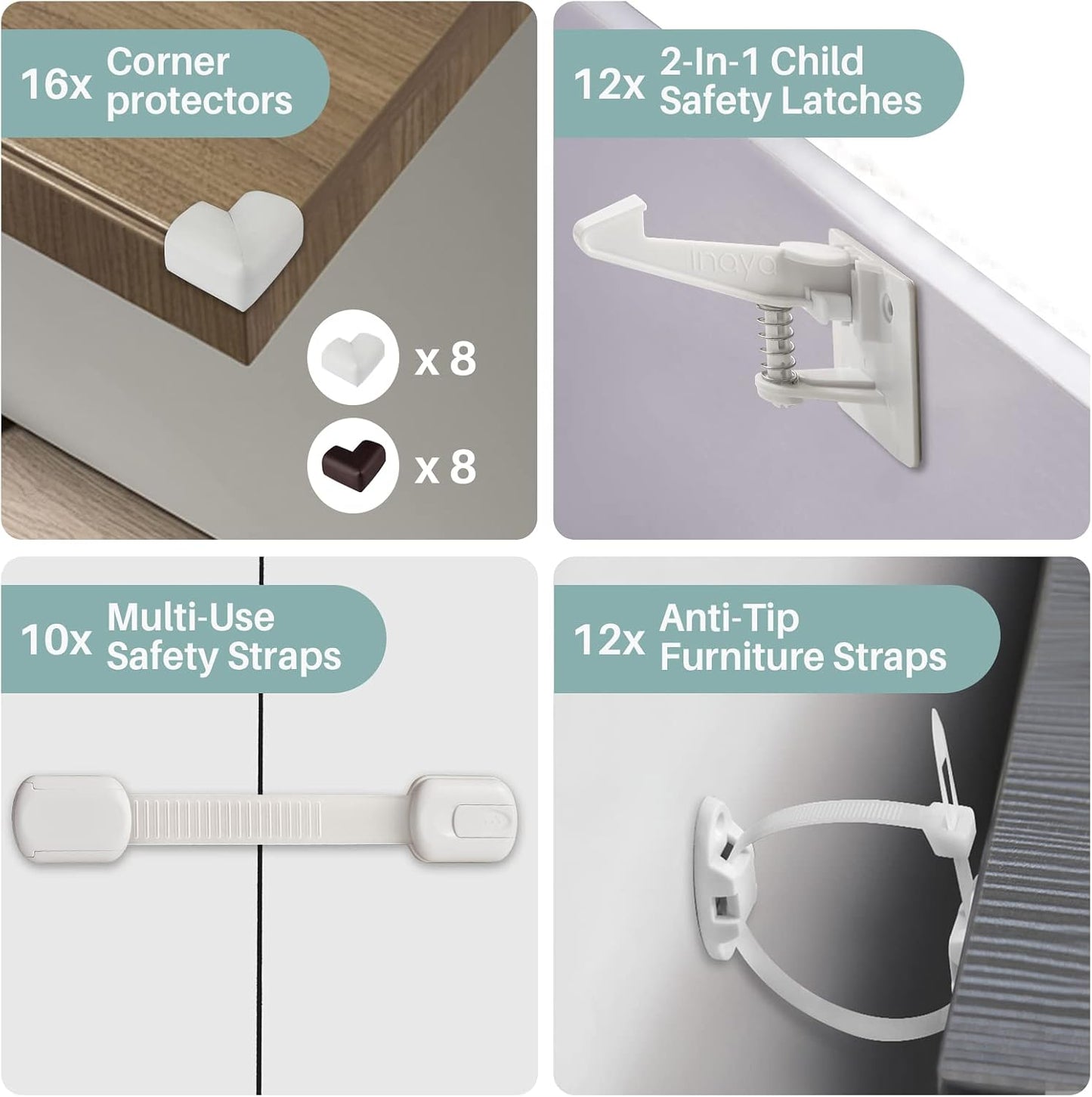 Inaya Complete Baby Proofing Kit - Child Safety Hidden Locks for Cabinets & Drawers, Adjustable Safety Latches, Corner Guards and Outlet Covers - Baby Proof Pack to Keep Your Child Safe at Home
