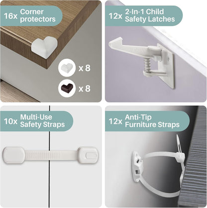 Inaya Complete Baby Proofing Kit - Child Safety Hidden Locks for Cabinets & Drawers, Adjustable Safety Latches, Corner Guards and Outlet Covers - Baby Proof Pack to Keep Your Child Safe at Home