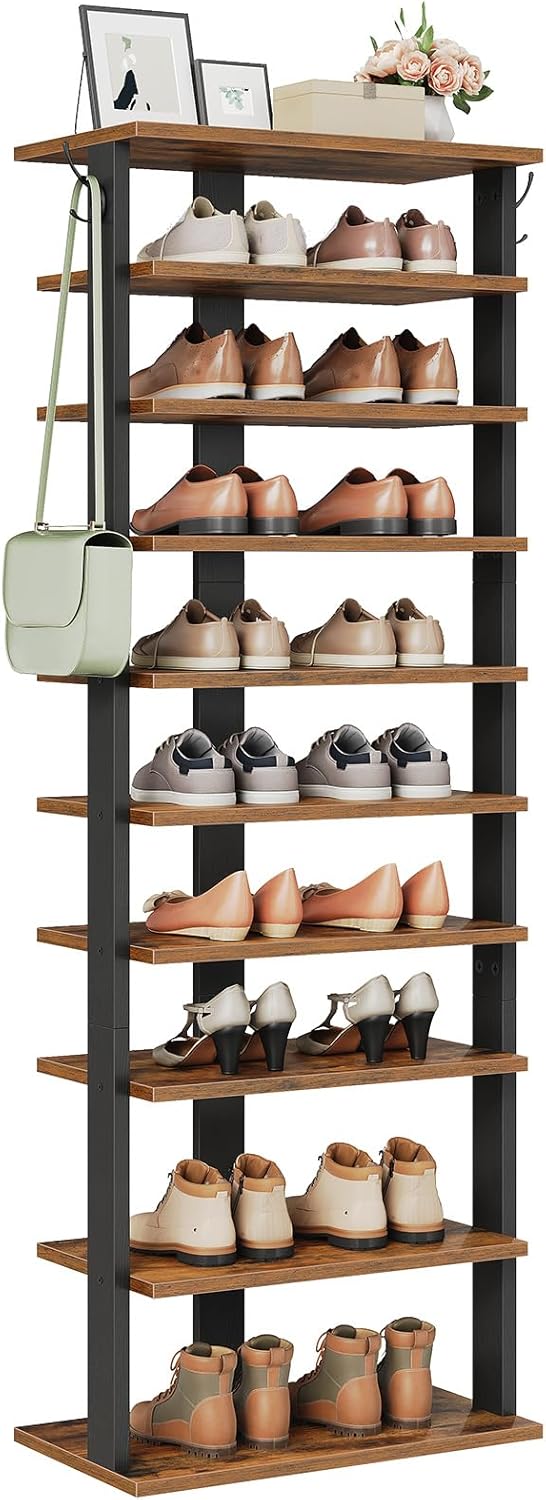 HOOBRO 8 Tiers Vertical Shoe Rack, Wooden Shoe Storage Organizer with Hooks, Narrow Shoe Tower for 8 Pairs, Space Saving, for Entryway, Living Room, Bedroom, Rustic Brown BF07XJ01G1