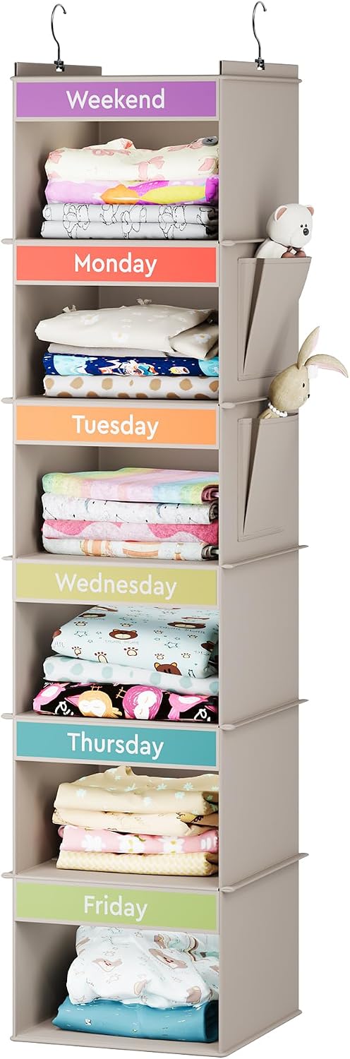 YOUDENOVA 6-Shelf Weekly Hanging Closet Organizer, Weekly Clothes Organizers for Kids with 2 Side Pockets, Pink