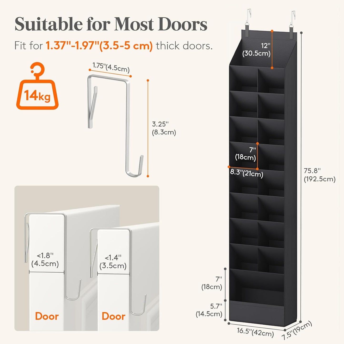 Lifewit 6 Tier Over the Door Shoe Organizer with 11 Large Deep Pockets, Fabric Hanging Shoes Shelf for Closet, Dorm Storage, Fit Up to 12 Pair Shoe Rack Holder for Sneakers, Boots, Gray