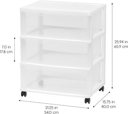 IRIS USA Plastic Drawer Storage Organizer Rolling Cart, with Wheels Casters, 3-Drawers, for Art Craft Supplies Bathroom Dorm Bedroom Laundry Room, Wide, White