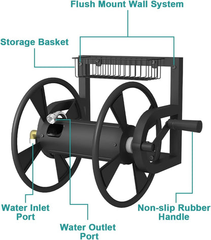 Artigarden Garden Wall Mounted Hose Reel, Outdoor Heavy-Duty Water Hose Holder Winder, Holds 125 Feet of 5/8-Inch Hose, with 3.9 ft Leader Hose, Water Fitting and Storage Basket for Yard, Black