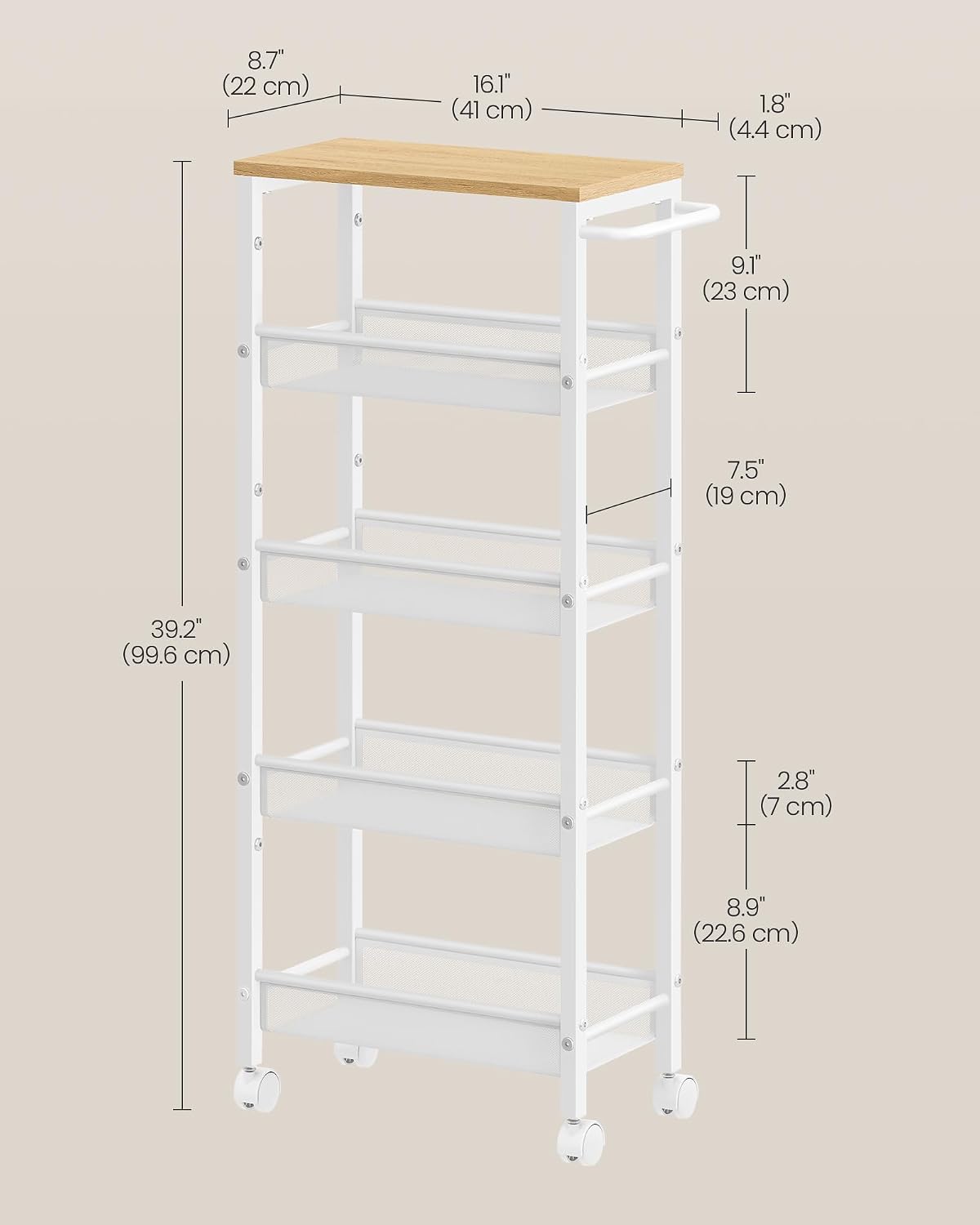 VASAGLE Slim Rolling Cart, 4-Tier Narrow Storage Cart with Handle, 5.1 Inches Deep, Metal Frame, for Kitchen, Dining Room, Living Room, Home Office, Rustic Brown and Classic Black ULRC032B01V1