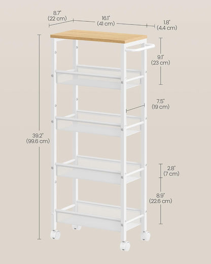 VASAGLE Slim Rolling Cart, 4-Tier Narrow Storage Cart with Handle, 5.1 Inches Deep, Metal Frame, for Kitchen, Dining Room, Living Room, Home Office, Rustic Brown and Classic Black ULRC032B01V1