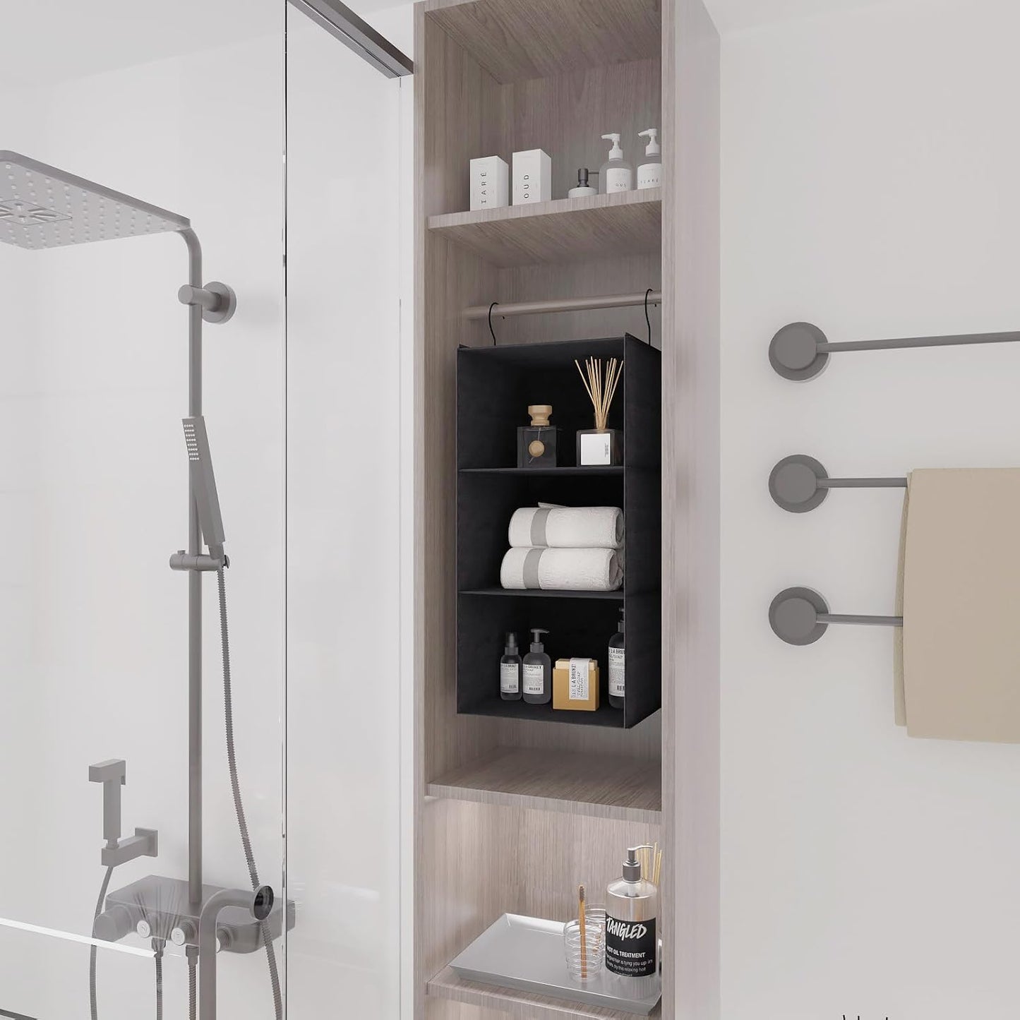 Hanging Closet Organizer 3-Shelf, Oxford Fabric Wardrobe Storage, Gray | Easy-mount foldable design holds clothes, handbags, shoes & accessories; washable Oxford fabric, sturdy and space-saving.