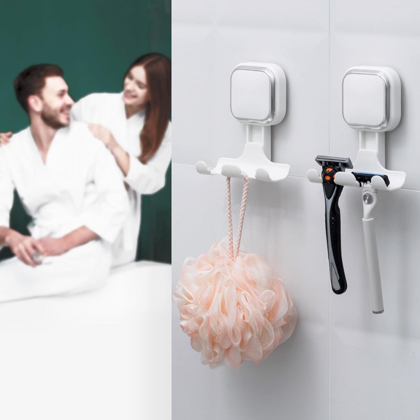 LEVERLOC Razor Holder for Shower 2 Pack, Powerful Suction Cup Shower Hooks for Towel, Loofah, Razor, Squeegee, Damage-Free Wall Hooks, Shaver Holder for Bathroom, Easy to Install and Reuse, White