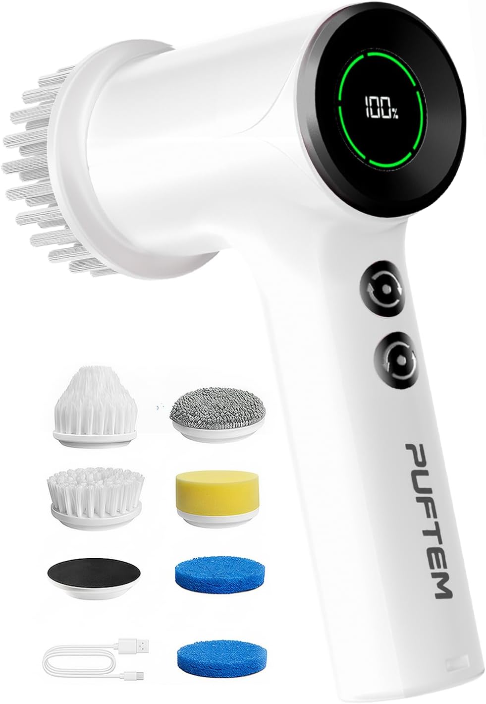 PUFTEM Shower Scrubber, Electric Spin Scrubber for Bathroom Cleaning – Cordless Shower Cleaner Brush with 6 Brush Heads, Dual-Direction Rotation, for Grout, Tile, Tub, Sink & Corners, White