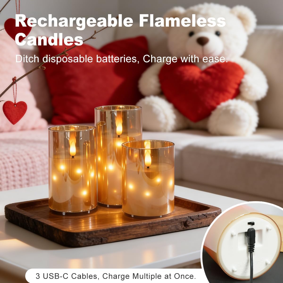LEDHOLYT Rechargeable Flameless Glass Pillar Candles–Gifts for Women,–Set of 3, Realistic Flickering LED Light,Remote & Timer, Ideal for Living Room, Bedroom & Festival Wedding Home Party Decor