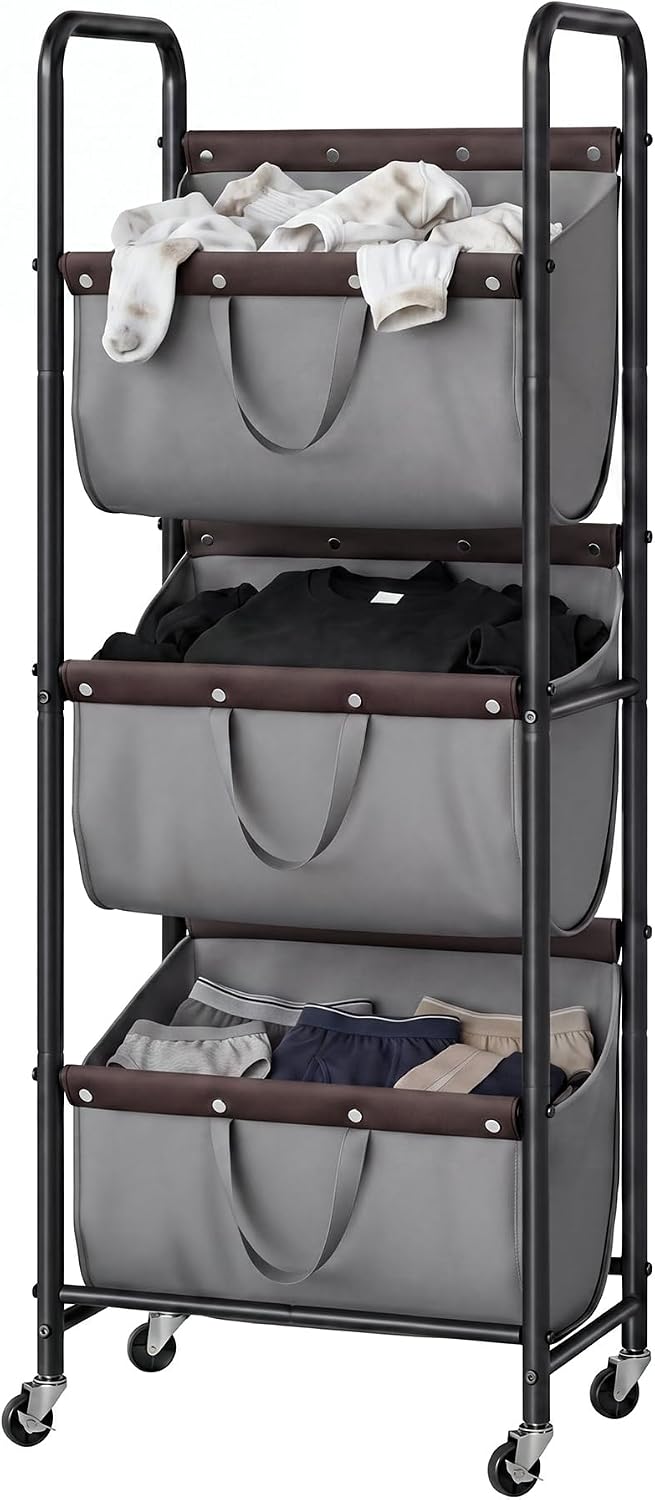 GRANNY SAYS 3 Section Tiered Laundry Sorter, Slim Vertical Laundry Hamper with Wheels, Narrow Rolling Laundry Cart with Removable Bags for Laundry Room, Bathroom, Closet, Dorm, Beige