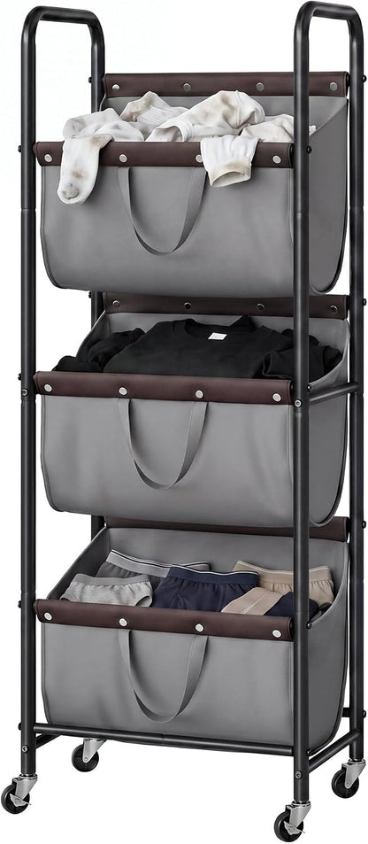 GRANNY SAYS 3 Section Tiered Laundry Sorter, Slim Vertical Laundry Hamper with Wheels, Narrow Rolling Laundry Cart with Removable Bags for Laundry Room, Bathroom, Closet, Dorm, Beige