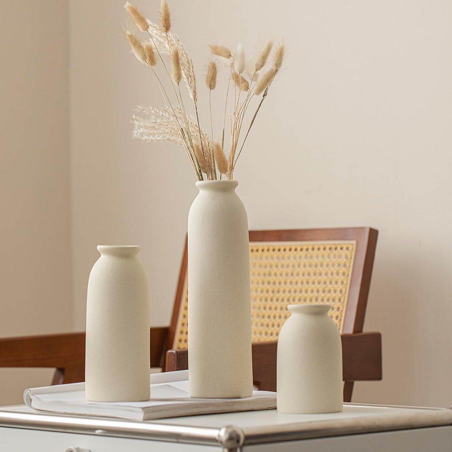 Ceramic Vase Set-3, Small Flower Vases for Decor, Modern Boho Farmhouse Style, Decorative Vases for Pampas Grass & Dried Flowers, Distressed Finish (Beige)