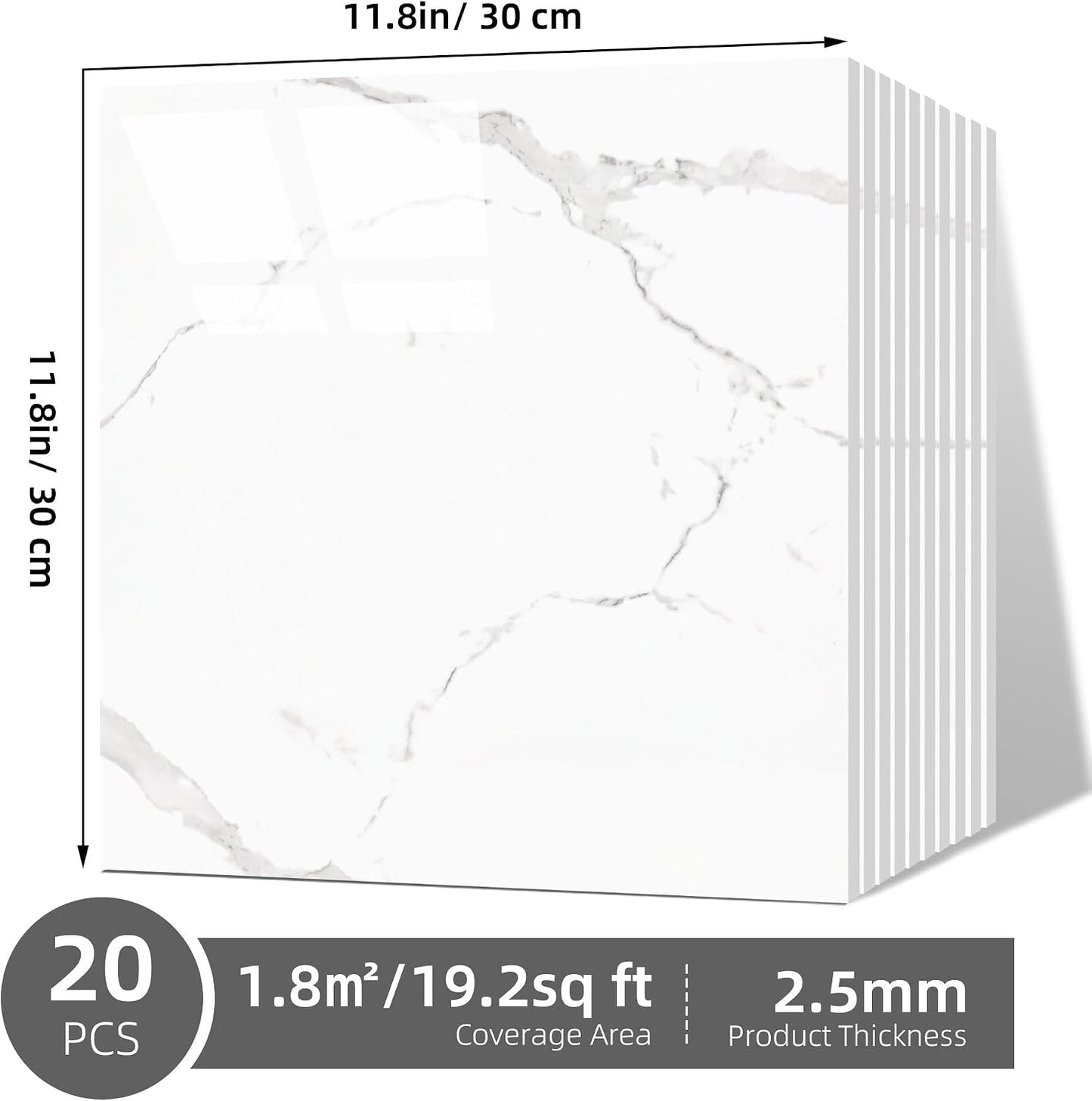 Peel and Stick Tile Shower Waterproof Marble Tiles Wall Panels, 11.8"x11.8" Self-Adhesive Backsplash Tile, 20 Pack