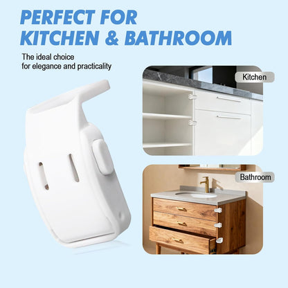 Baby Proof Drawer Locks 4 Pack White, Child Safety Cabinet Latches for Corners, No Drill Adhesive Furniture Lock for Kitchen Drawer Dresser Nightstand Toddler Security ﻿