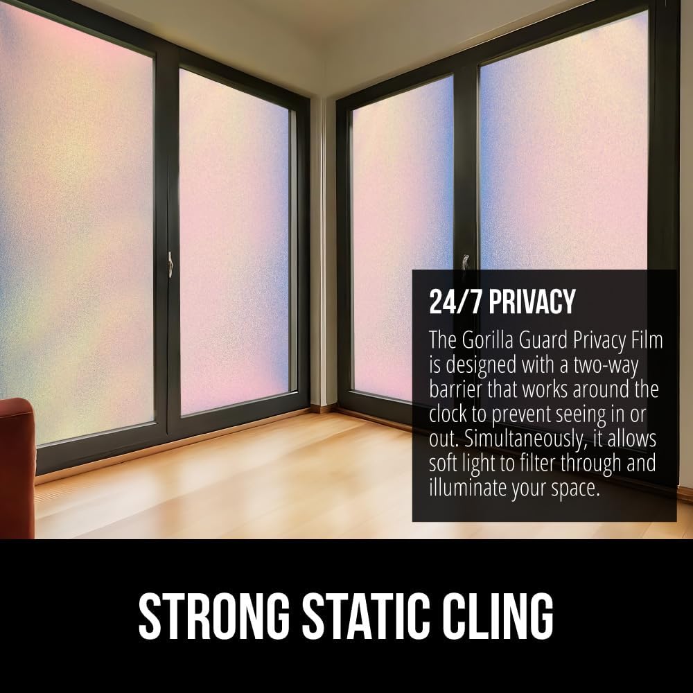 Gorilla Guard Window Privacy Film, Removable Two Way Sun Blocking, Reusable No Residue Stickers, Strong Static Clings to Glass Windows, Decorative Bathroom Door Coverings, 17.5 x 78.7 Inch, Frosted