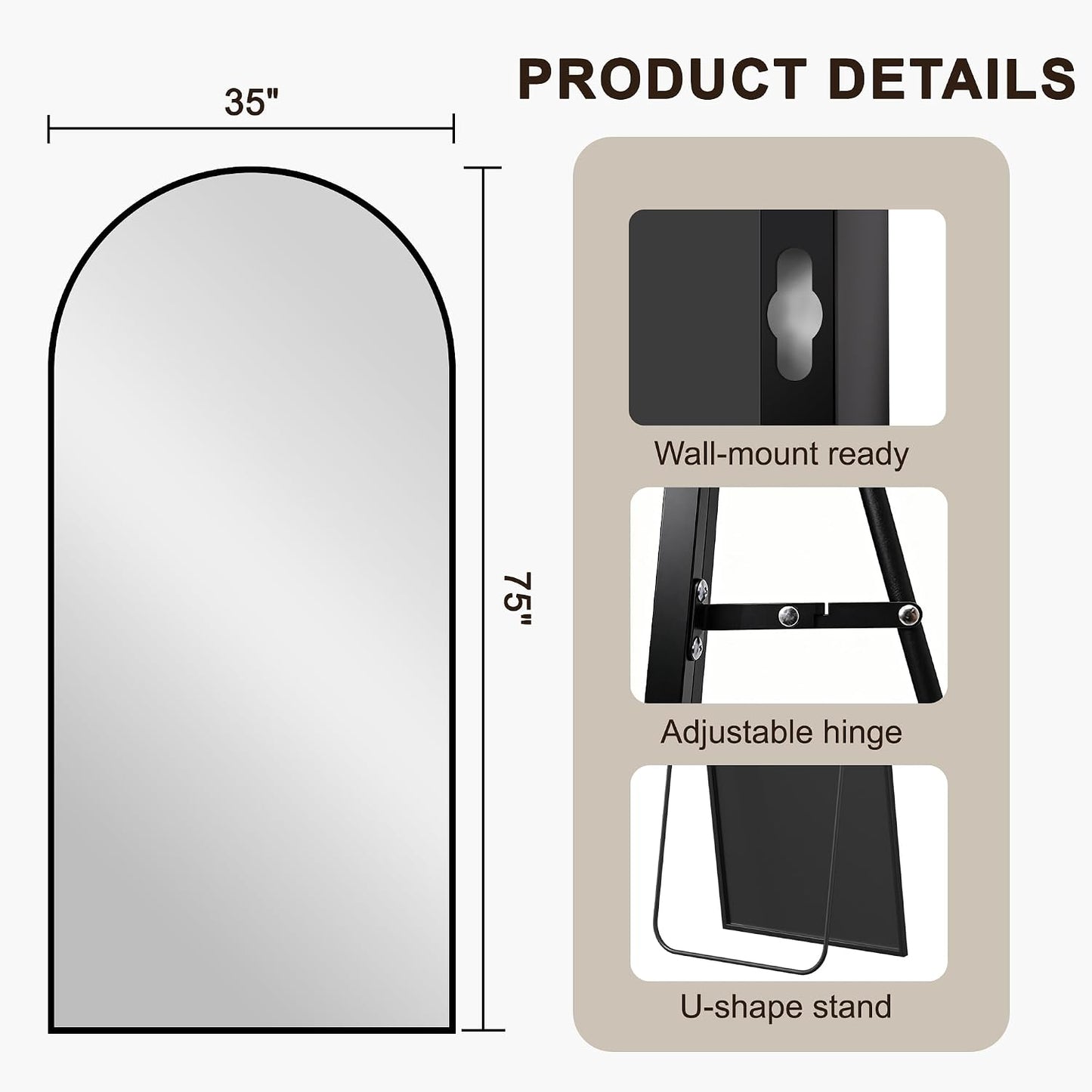FICTOR Arched Full Length Mirror 15" x 56", Full Body Floor Mirror with Adjustable Stand, Free Standing Mirror with Aluminum Frame for Bedroom, Living Room, Cloakroom, Gold
