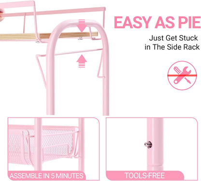 KINGRACK 4-Tier Slim Rolling Cart with Wooden Tabletop, Easy Assemble Metal Utility Cart, Slide Out Narrow Storage Cart for Narrow Space on Bedroom Bathroom Laundry Room Apartments Dormitory, Pink