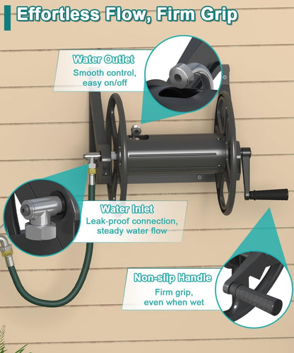 Artigarden Garden Hose Reel Wall Mounted, Outdoor Heavy Duty Powder Coated Metal Water Hoses Holder Winder Holds 125 ft 5/8" Hoses with 3.9ft Leader Hose, Stainless Steel Connector for Outside, Black